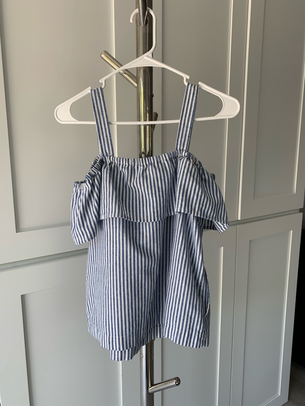 J. Crew Factory Blue and White Striped Off-Shoulder Top